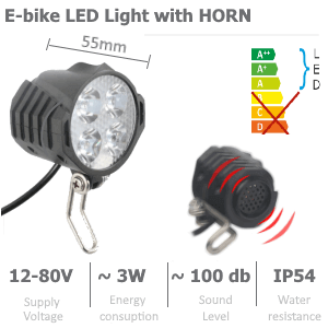 LED priekinė dviračio šviesa su garsiniu signalu [12-80V / 2,5W]